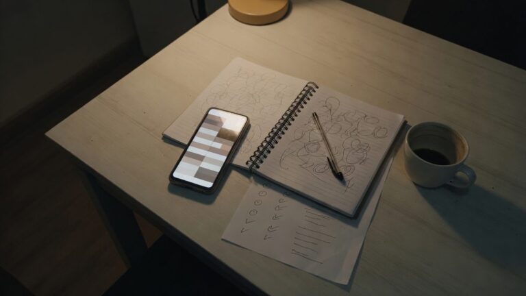 Mesa de jantar a noite com caderno de anotacoes, celular e xicara de cafe