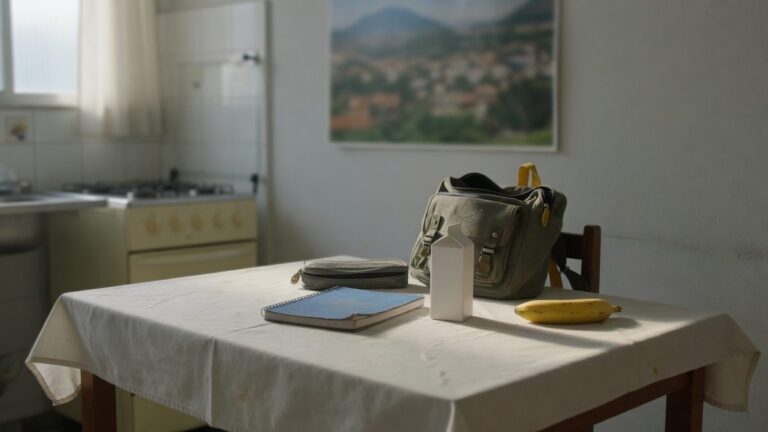 Mesa de cozinha pela manha com mochila escolar e material de estudo