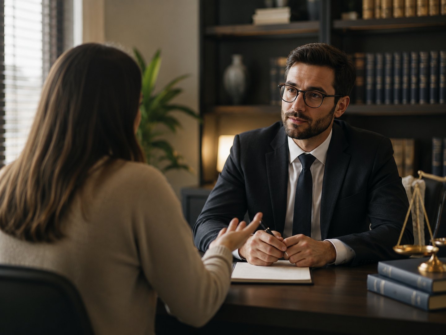Advogado e cliente conversando sobre o caso